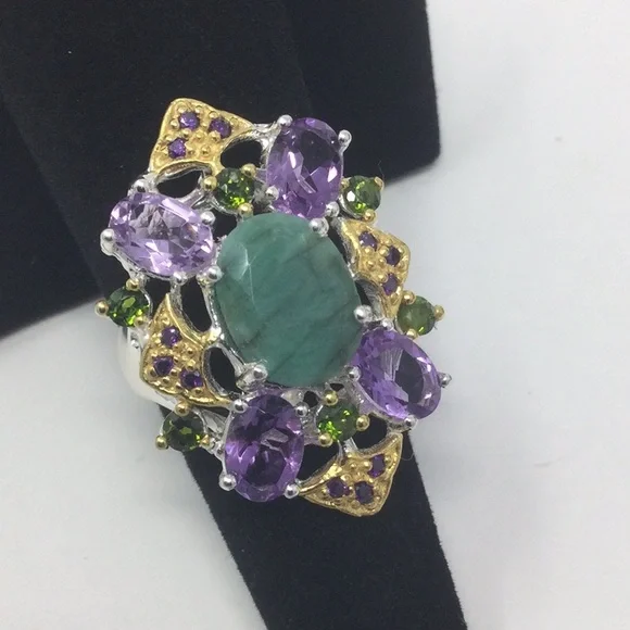 Genuine Natural Emerald & Amethyst Ring - Picture 3 of 7